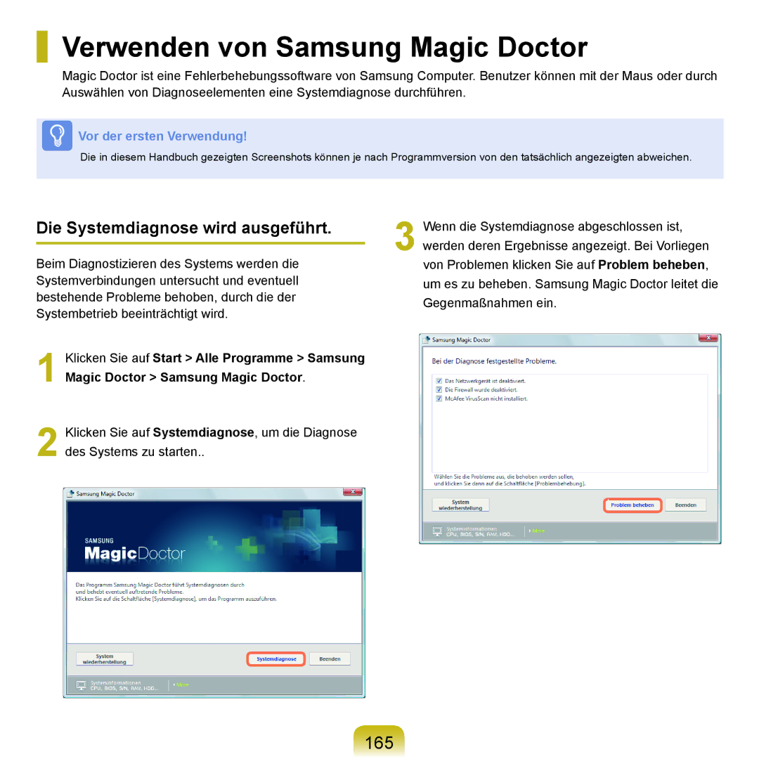 Samsung NP-Q45A001/SEG, NP-Q45F001/SEG manual Verwenden von Samsung Magic Doctor, 165, Die Systemdiagnose wird ausgeführt 