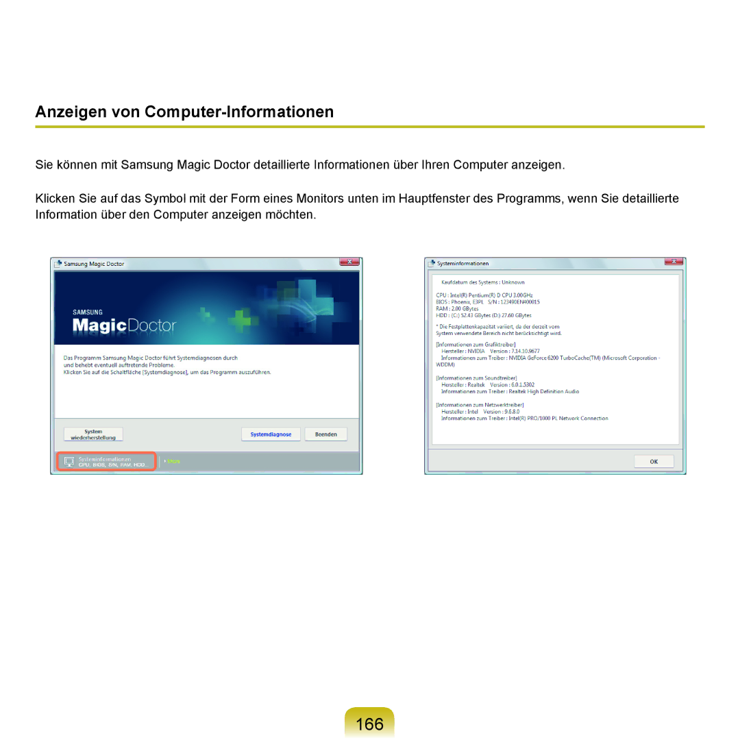 Samsung NP-Q45A000/SEG, NP-Q45F001/SEG, NP-Q45A008/SEG, NP-Q45A006/SEG manual 166, Anzeigen von Computer-Informationen 