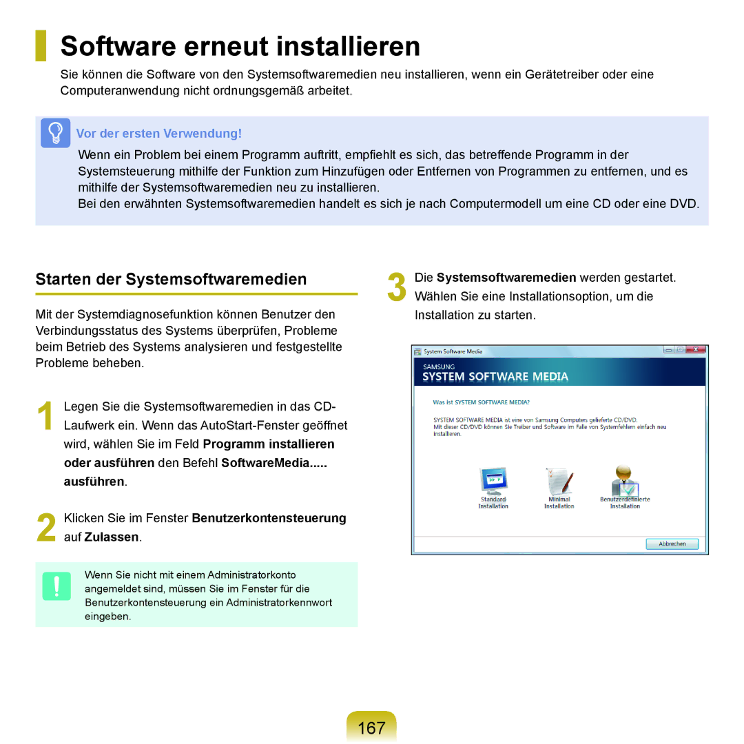 Samsung NP-Q45F001/SEG, NP-Q45A008/SEG manual Software erneut installieren, 167, Starten der Systemsoftwaremedien, Ausführen 