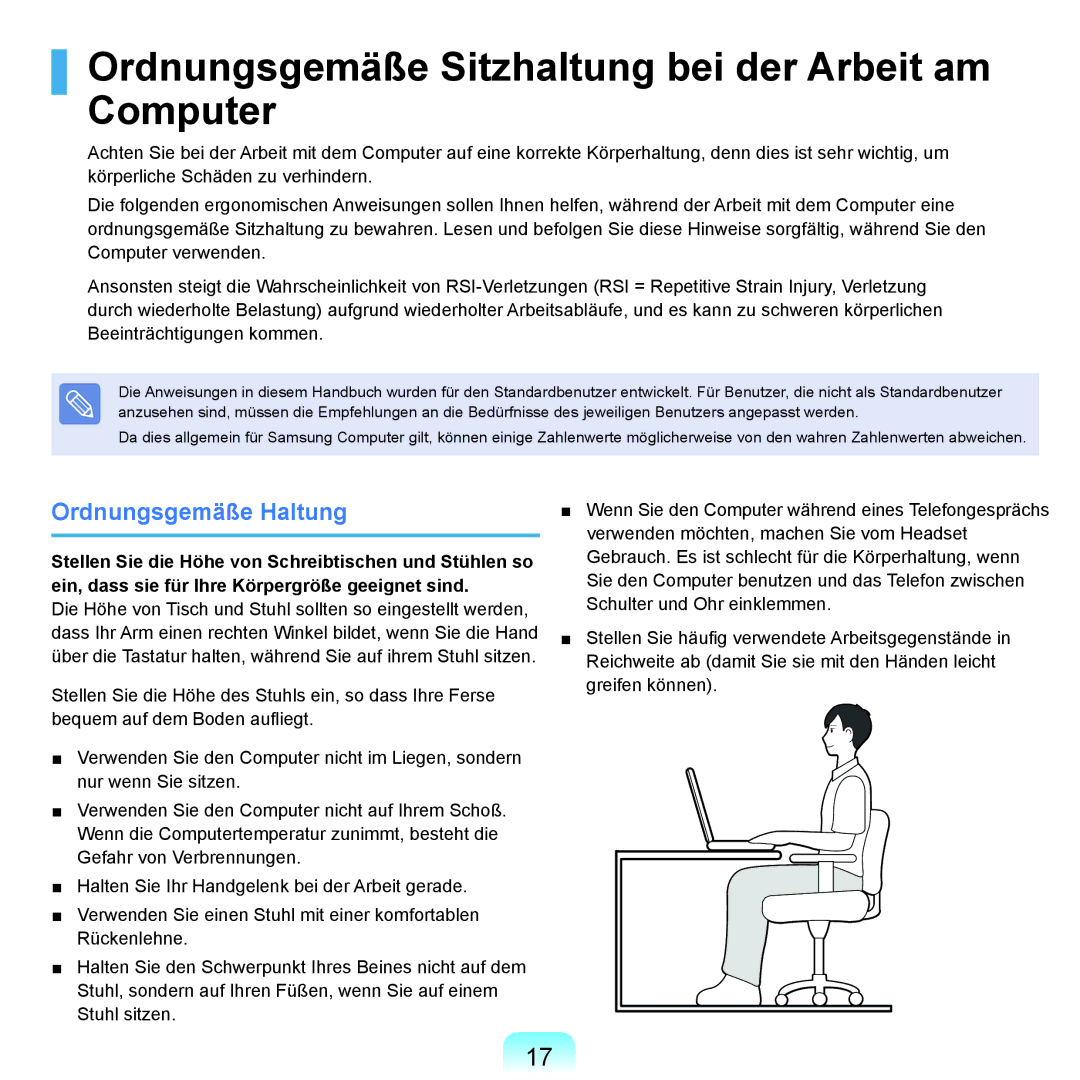 Samsung NP-Q45A004/SEG, NP-Q45F001/SEG manual Ordnungsgemäße Sitzhaltung bei der Arbeit am Computer, Ordnungsgemäße Haltung 