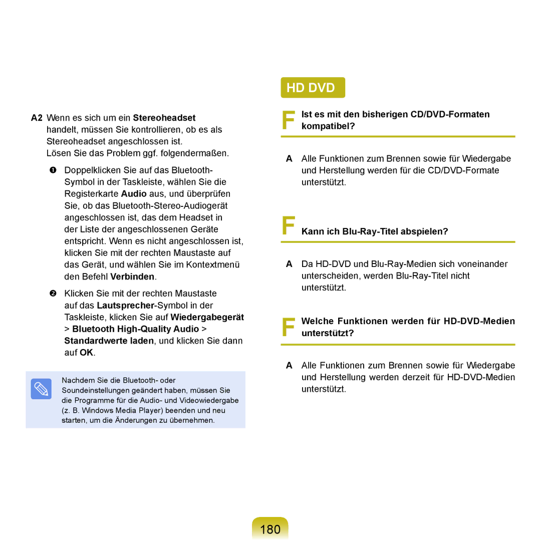 Samsung NP-Q45AV05/SEG manual 180, Ist es mit den bisherigen CD/DVD-Formaten kompatibel?, Kann ich Blu-Ray-Titel abspielen? 