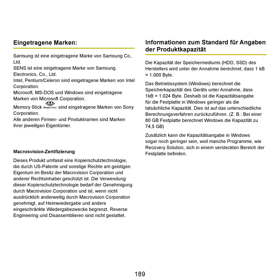 Samsung NP-Q45A008/SEG manual 189, Eingetragene Marken, Informationen zum Standard für Angaben der Produktkapazität 