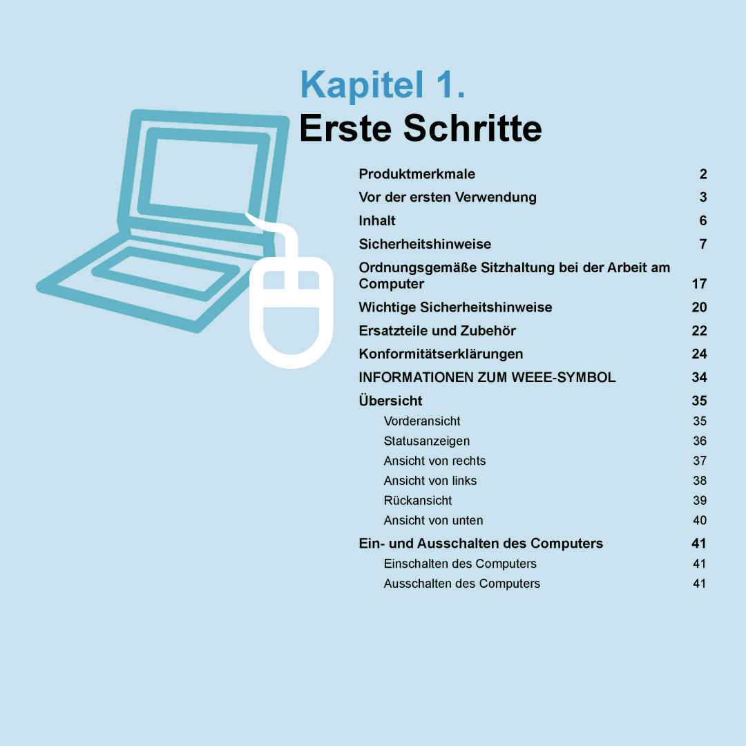 Samsung NP-Q45A006/SEG, NP-Q45F001/SEG, NP-Q45A008/SEG manual Kapitel, Einschalten des Computers Ausschalten des Computers 