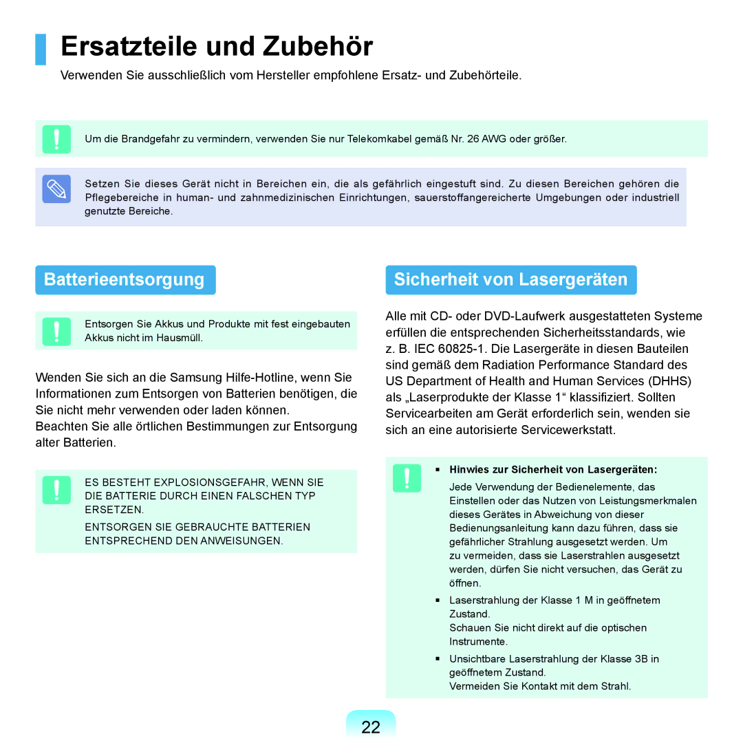 Samsung NP-Q45A006/SEG manual Ersatzteile und Zubehör, Batterieentsorgung, Hinwies zur Sicherheit von Lasergeräten 