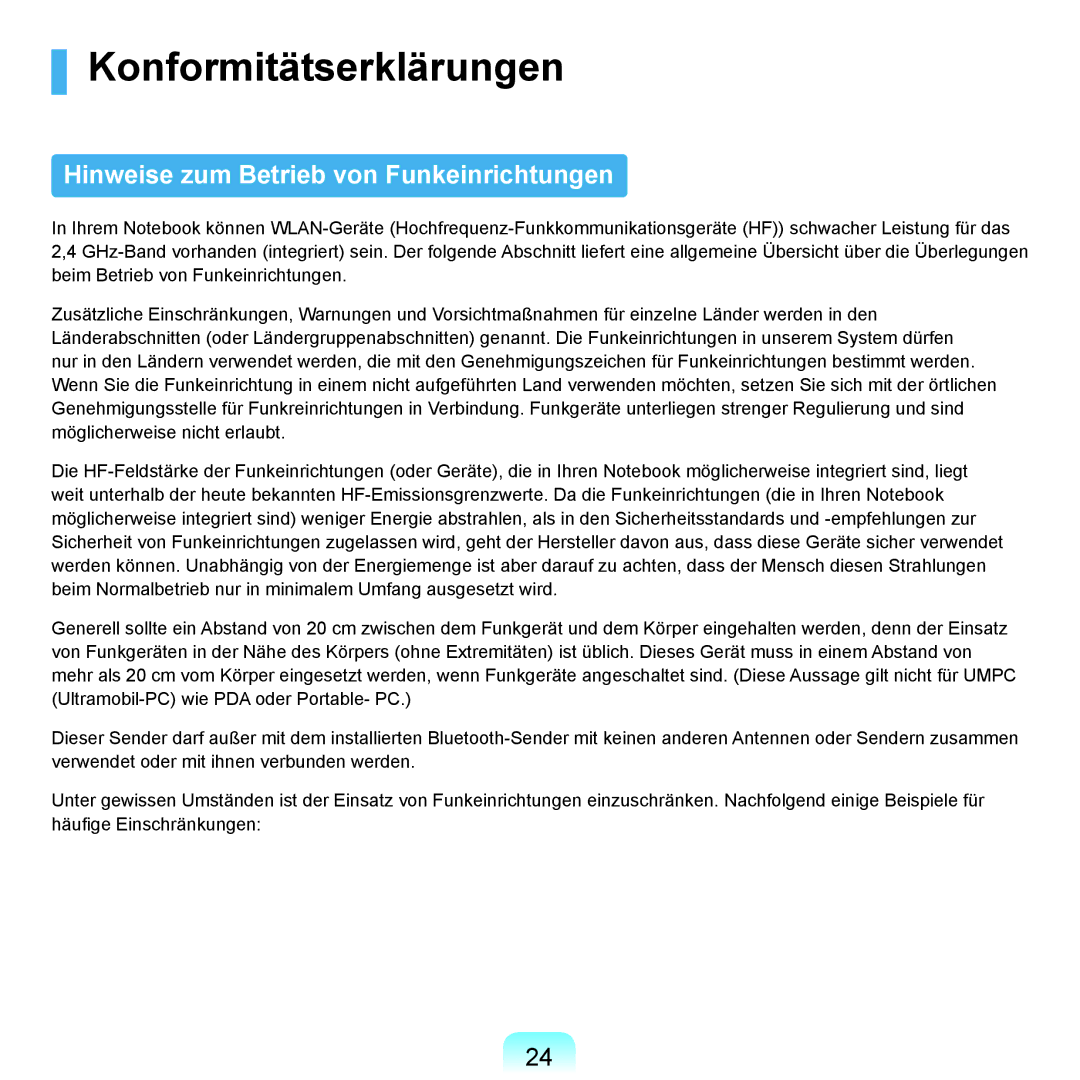 Samsung NP-Q45A009/SEG, NP-Q45F001/SEG, NP-Q45A008/SEG Konformitätserklärungen, Hinweise zum Betrieb von Funkeinrichtungen 