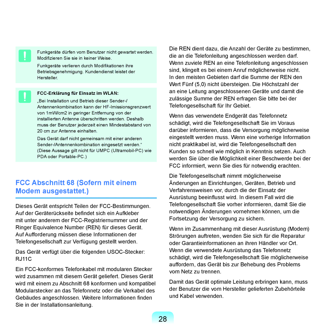 Samsung NP-Q45AV01/SEG manual FCC Abschnitt 68 Sofern mit einem Modem ausgestattet, FCC-Erklärung für Einsatz im Wlan 