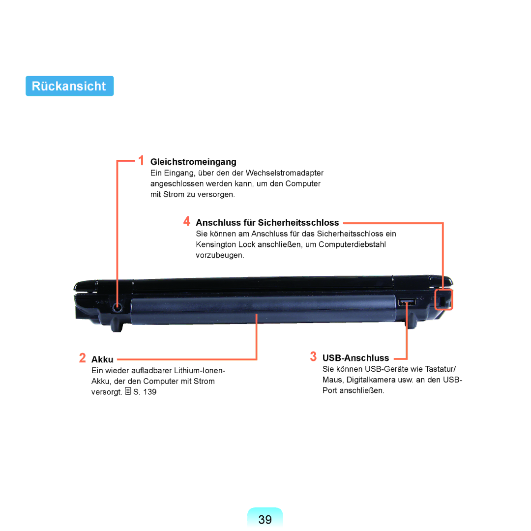 Samsung NP-Q45A001/SEG manual Rückansicht, Gleichstromeingang, Anschluss für Sicherheitsschloss, Akku, USB-Anschluss 