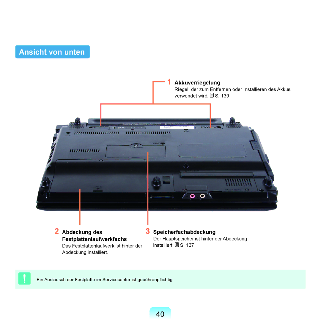 Samsung NP-Q45A000/SEG, NP-Q45F001/SEG, NP-Q45A008/SEG, NP-Q45A006/SEG, NP-Q45AV02/SEG Ansicht von unten, Akkuverriegelung 