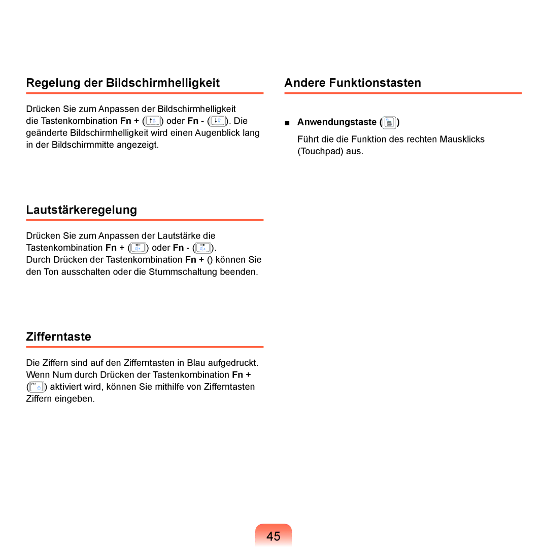 Samsung NP-Q45A009/SEG manual Regelung der Bildschirmhelligkeit, Andere Funktionstasten, Lautstärkeregelung, Zifferntaste 