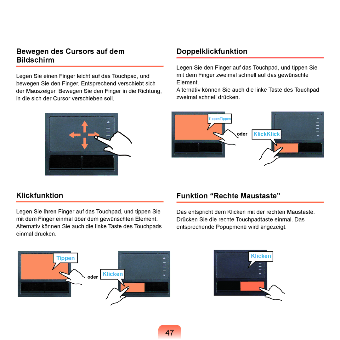 Samsung NP-Q45AV04/SEG, NP-Q45F001/SEG manual Bewegen des Cursors auf dem Bildschirm, Doppelklickfunktion, Klickfunktion 