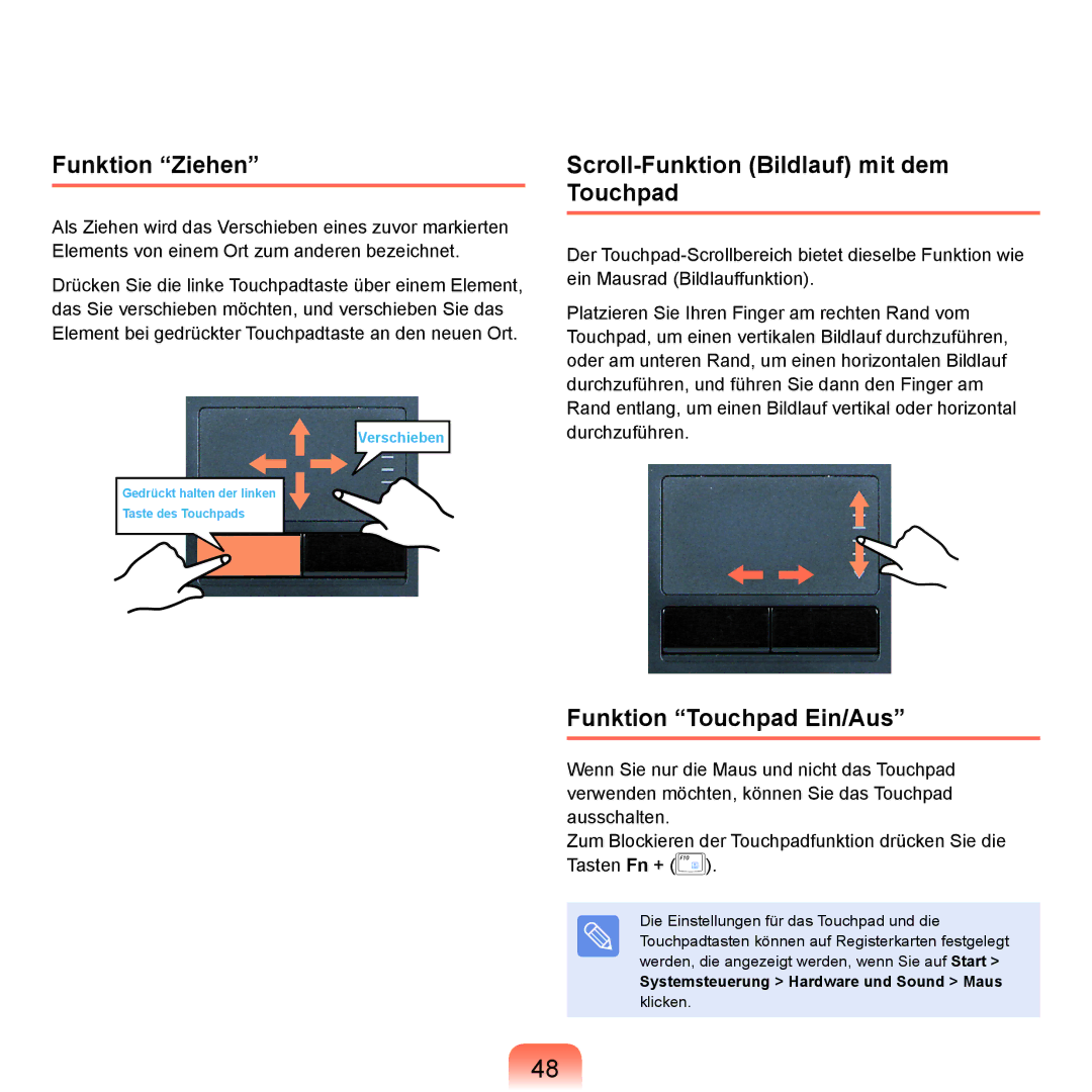 Samsung NP-Q45AV03/SEG manual Funktion Ziehen, Scroll-Funktion Bildlauf mit dem Touchpad, Funktion Touchpad Ein/Aus 