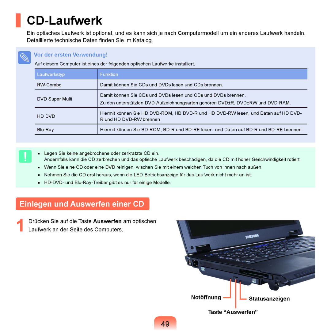 Samsung NP-Q45AV01/SEG manual CD-Laufwerk, Einlegen und Auswerfen einer CD, Notöffnung Statusanzeigen Taste Auswerfen 