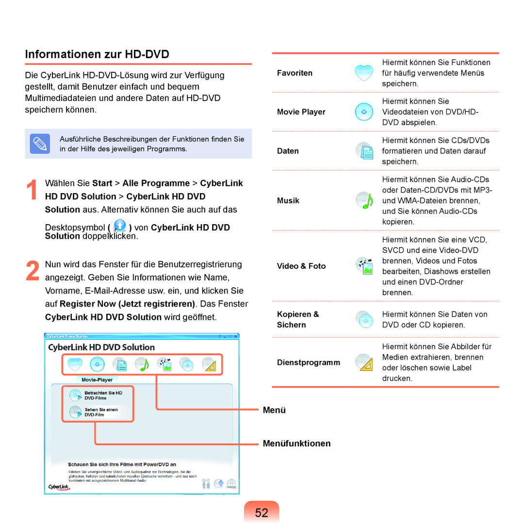 Samsung NP-Q45A005/SEG, NP-Q45F001/SEG Informationen zur HD-DVD, Desktopsymbol von CyberLink HD DVD, Menü Menüfunktionen 