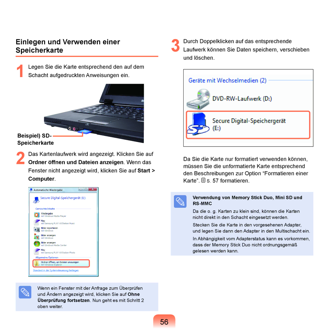 Samsung NP-Q45AV07/SEG, NP-Q45F001/SEG manual Einlegen und Verwenden einer Speicherkarte, Beispiel SD Speicherkarte 