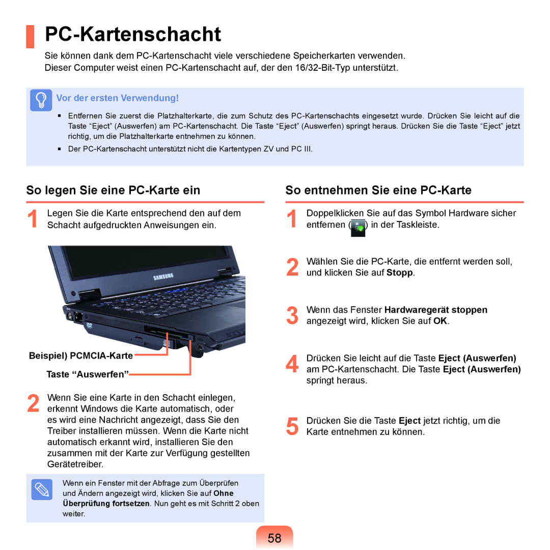 Samsung NP-Q45A00A/SEG, NP-Q45F001/SEG PC-Kartenschacht, So legen Sie eine PC-Karte ein, So entnehmen Sie eine PC-Karte 