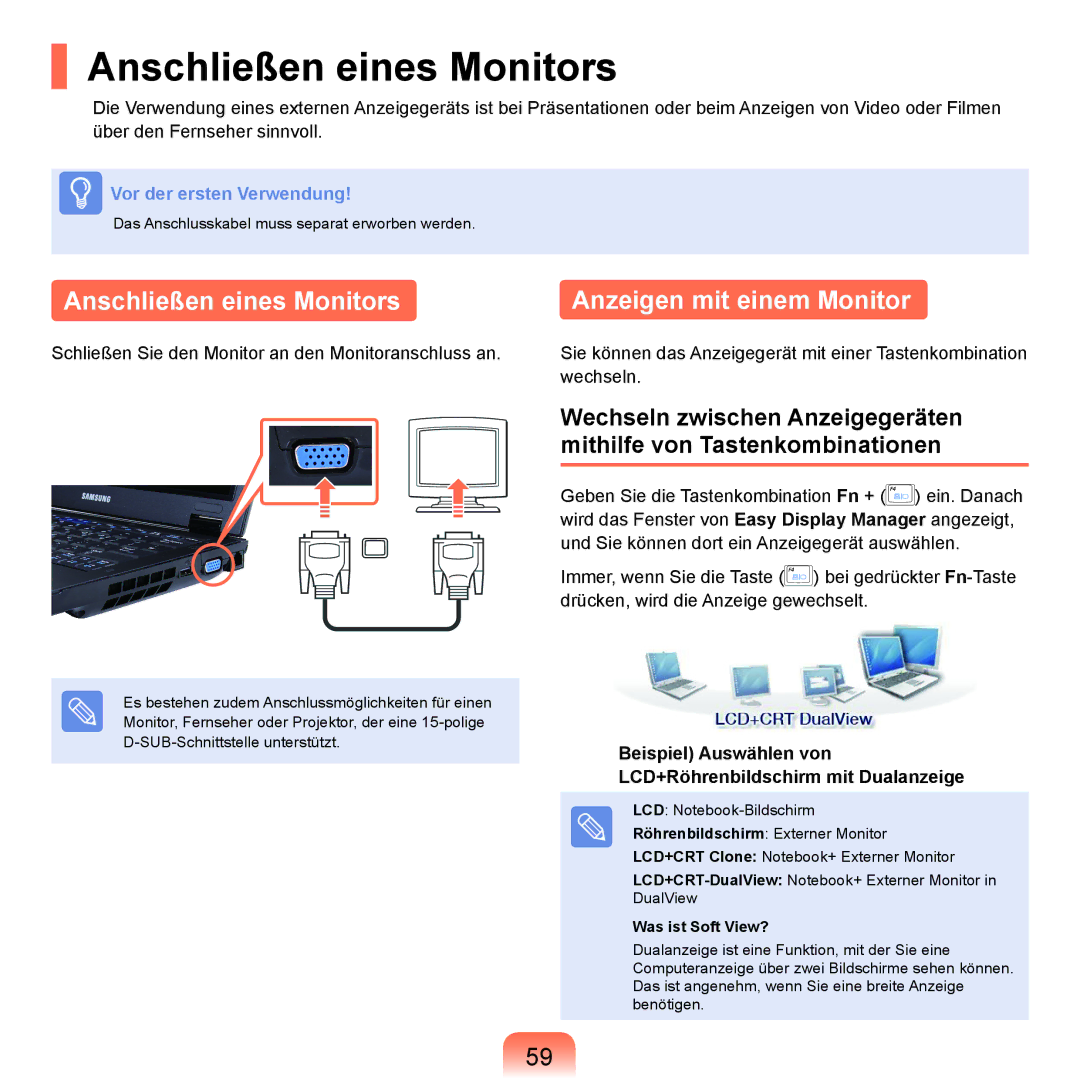 Samsung NP-Q45A004/SEG, NP-Q45F001/SEG manual Anschließen eines Monitors, Anzeigen mit einem Monitor, Was ist Soft View? 