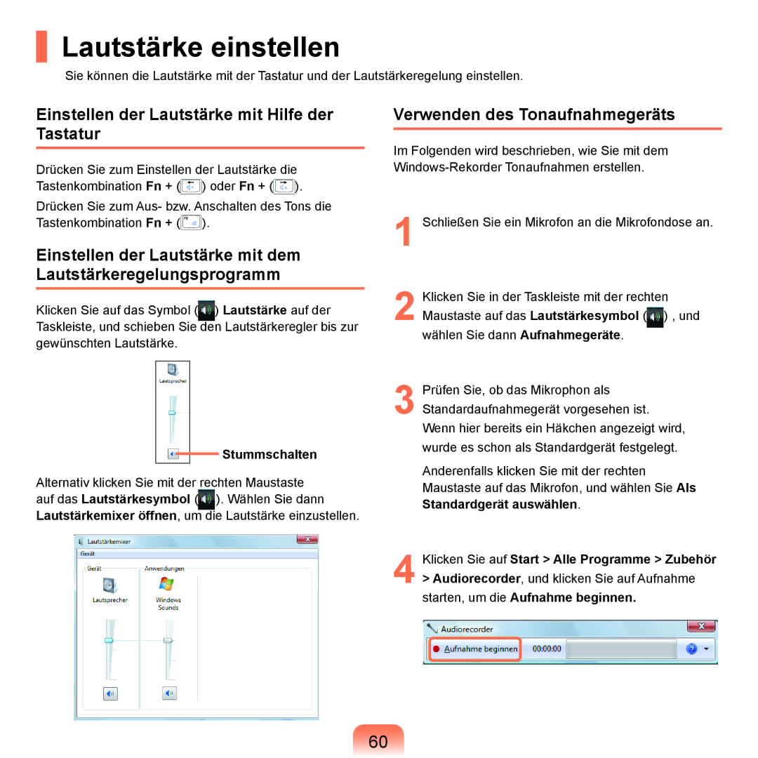 Samsung NP-Q45A001/SEG, NP-Q45F001/SEG manual Lautstärke einstellen, Einstellen der Lautstärke mit Hilfe der Tastatur 