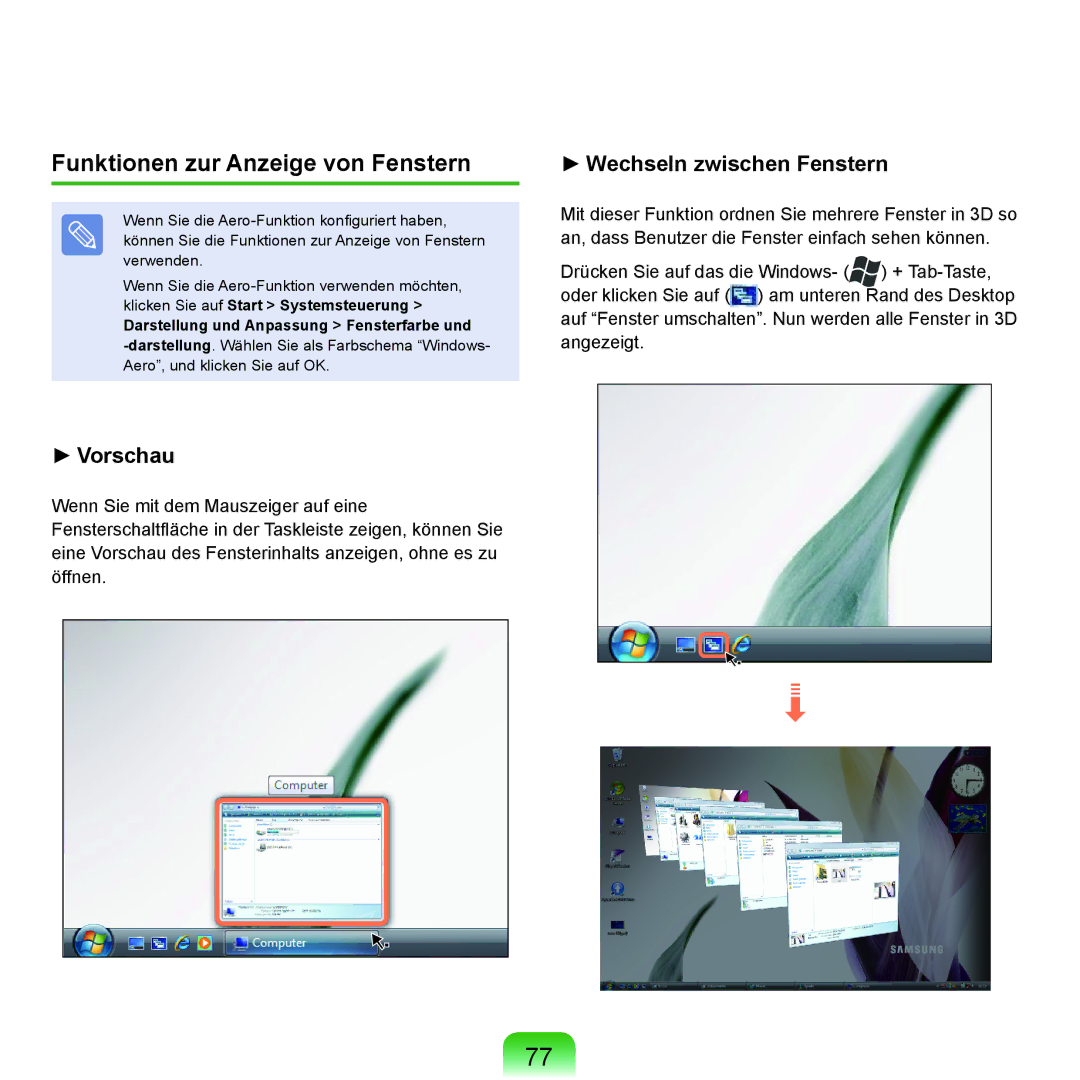 Samsung NP-Q45AV07/SEG, NP-Q45F001/SEG Funktionen zur Anzeige von Fenstern, Darstellung und Anpassung Fensterfarbe und 