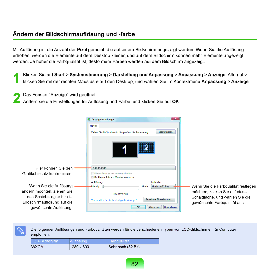 Samsung NP-Q45A000/SEG, NP-Q45F001/SEG, NP-Q45A008/SEG, NP-Q45A006/SEG manual Ändern der Bildschirmauflösung und -farbe 