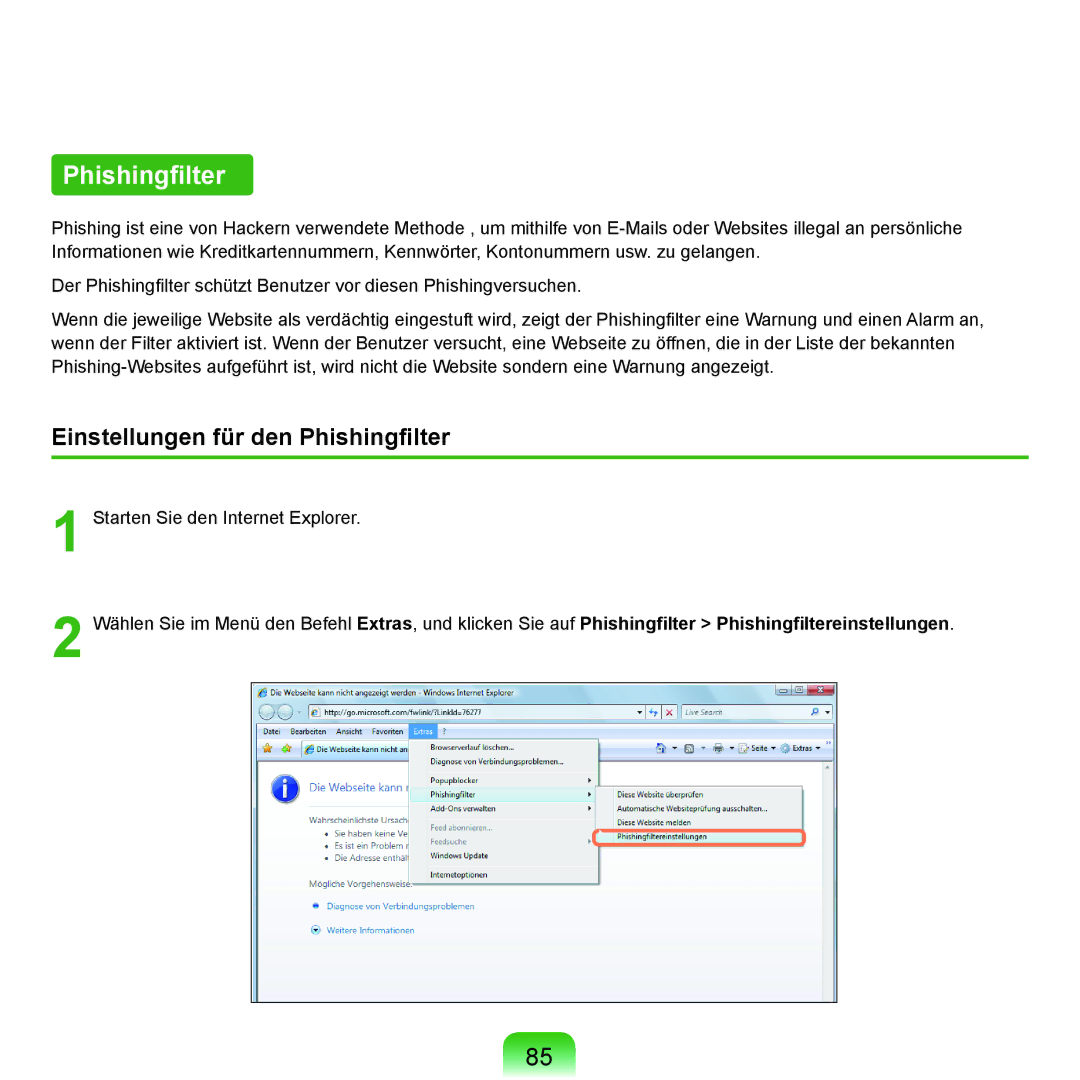 Samsung NP-Q45A006/SEG, NP-Q45F001/SEG, NP-Q45A008/SEG, NP-Q45AV02/SEG manual Einstellungen für den Phishingfilter 