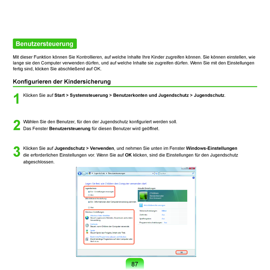 Samsung NP-Q45A009/SEG, NP-Q45F001/SEG, NP-Q45A008/SEG, NP-Q45A006/SEG Benutzersteuerung, Konfigurieren der Kindersicherung 