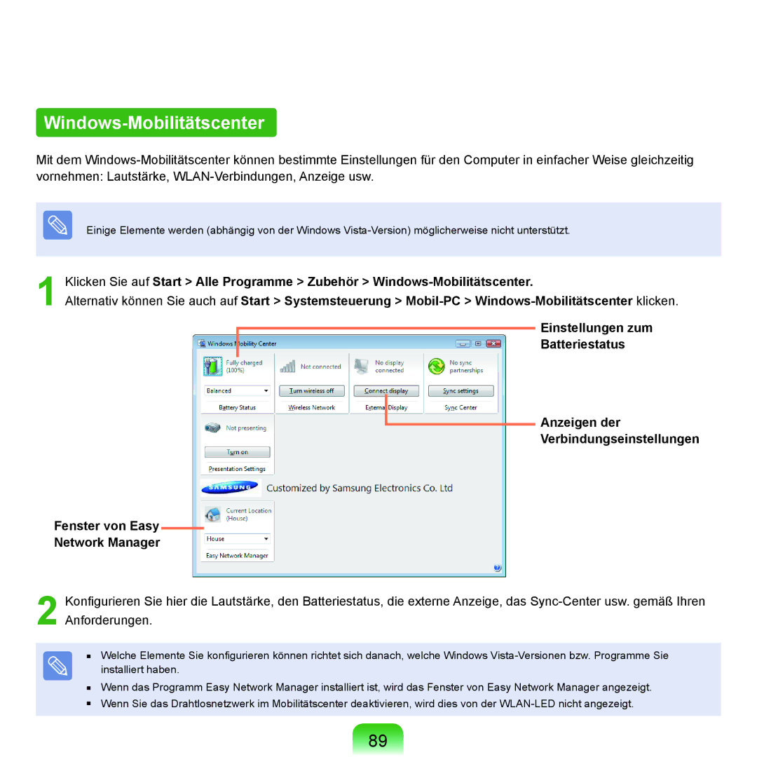 Samsung NP-Q45AV04/SEG, NP-Q45F001/SEG, NP-Q45A008/SEG, NP-Q45A006/SEG, NP-Q45AV02/SEG manual Windows-Mobilitätscenter 