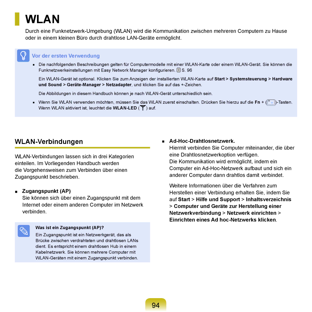 Samsung NP-Q45A005/SEG, NP-Q45F001/SEG manual WLAN-Verbindungen, Ad-Hoc-Drahtlosnetzwerk, Was ist ein Zugangspunkt AP? 