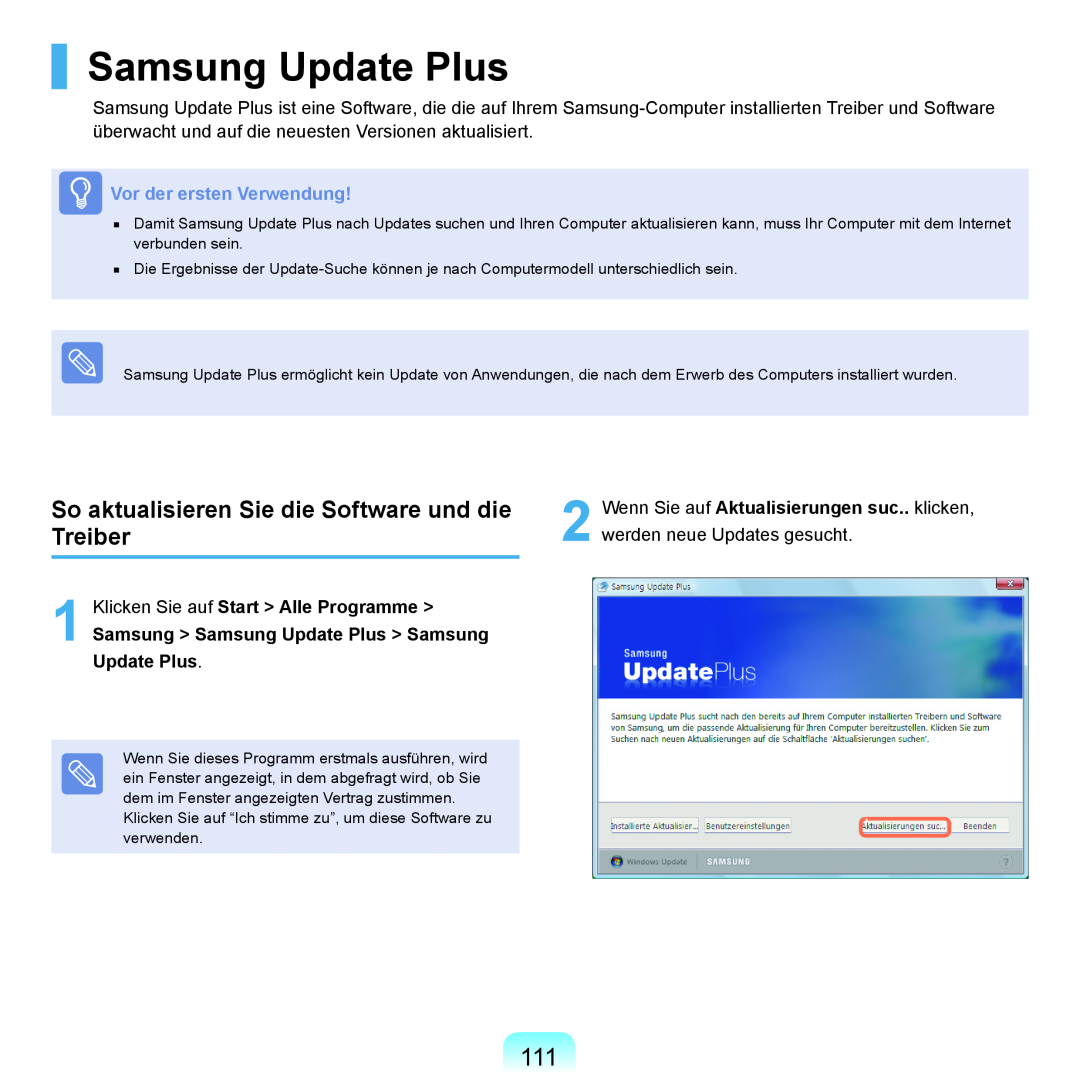 Samsung NP-Q45AV03/SEG Samsung Update Plus, So aktualisieren Sie die Software und die Treiber, Vor der ersten Verwendung 