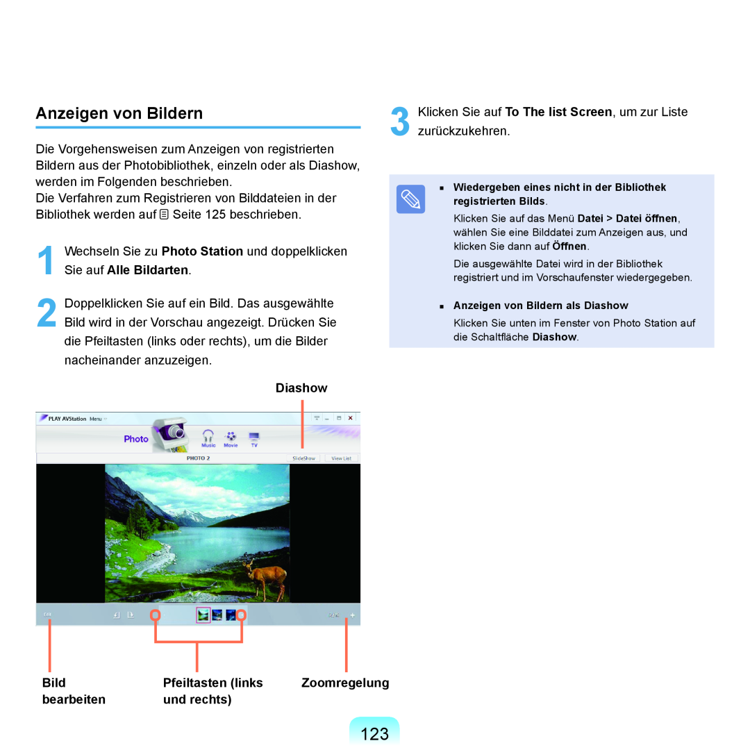 Samsung NP-Q45A001/SEG manual Anzeigen von Bildern, Diashow, Pfeiltasten links, Zoomregelung, bearbeiten, und rechts 