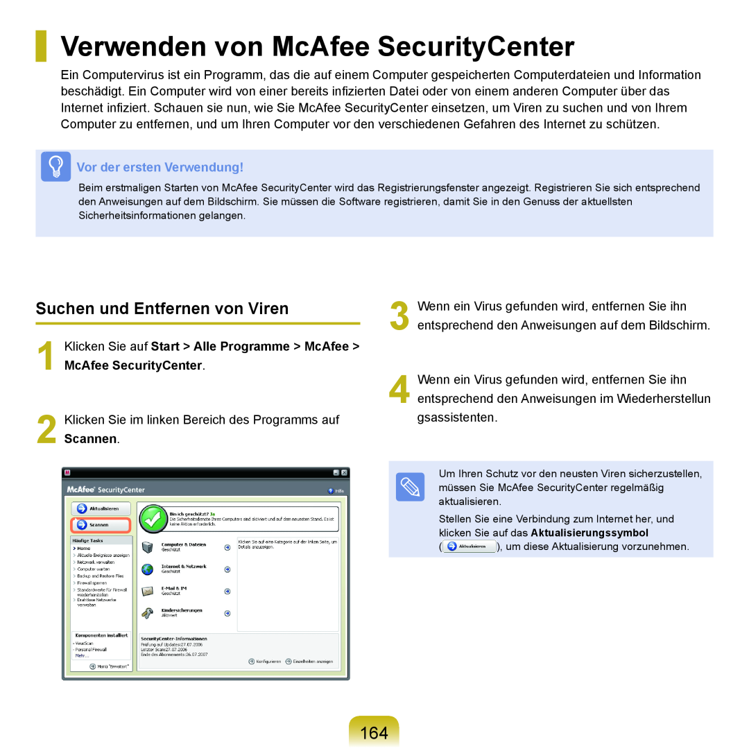 Samsung NP-Q45A004/SEG Verwenden von McAfee SecurityCenter, Suchen und Entfernen von Viren, Vor der ersten Verwendung 