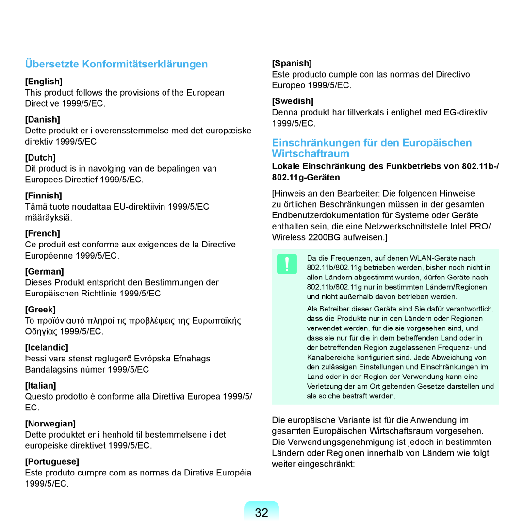 Samsung NP-Q45A003/SEG Übersetzte Konformitätserklärungen, Einschränkungen für den Europäischen Wirtschaftraum, English 