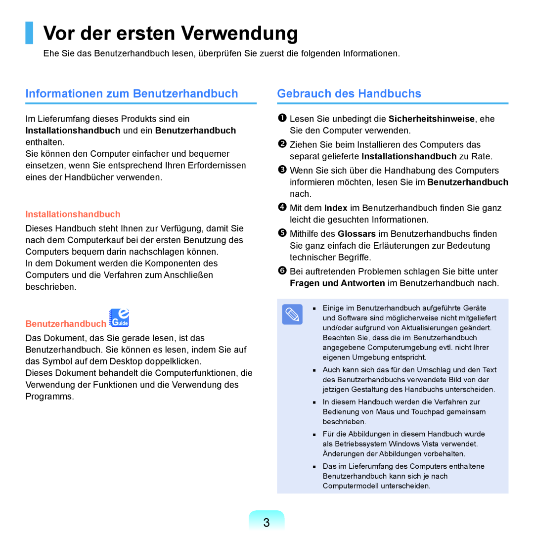 Samsung NP-Q45A009/SEG manual Vor der ersten Verwendung, Informationen zum Benutzerhandbuch, Gebrauch des Handbuchs 