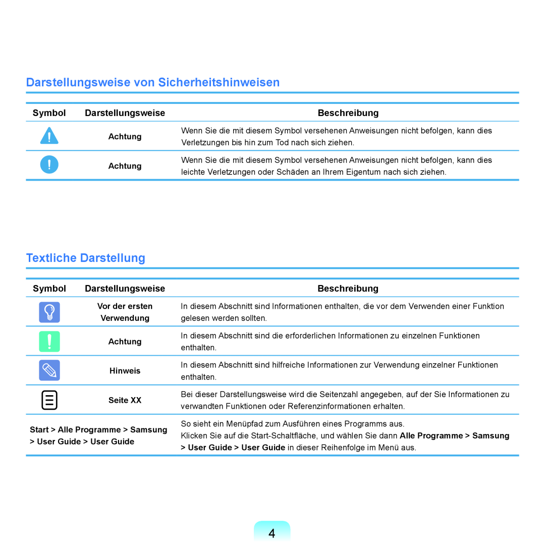 Samsung NP-Q45AV08/SEG Darstellungsweise von Sicherheitshinweisen, Textliche Darstellung, Symbol, Beschreibung, Achtung 
