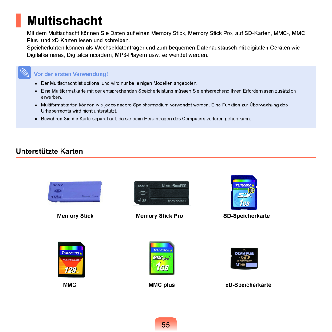 Samsung NP-Q45A007/SEG manual Multischacht, Unterstützte Karten, Vor der ersten Verwendung, Memory Stick Pro, MMC plus 