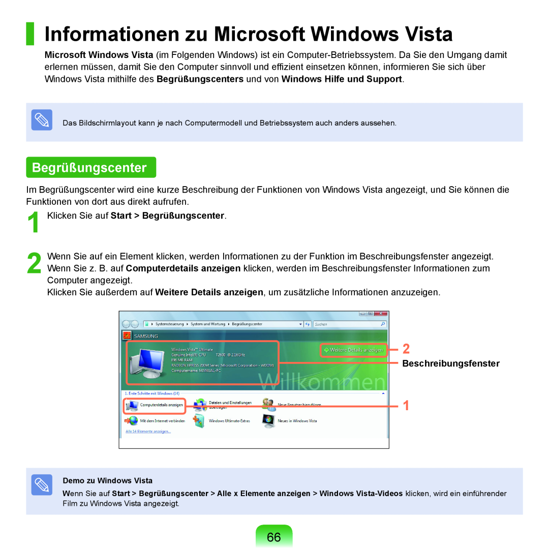 Samsung NP-Q45A009/SEG manual Informationen zu Microsoft Windows Vista, Klicken Sie auf Start Begrüßungscenter 
