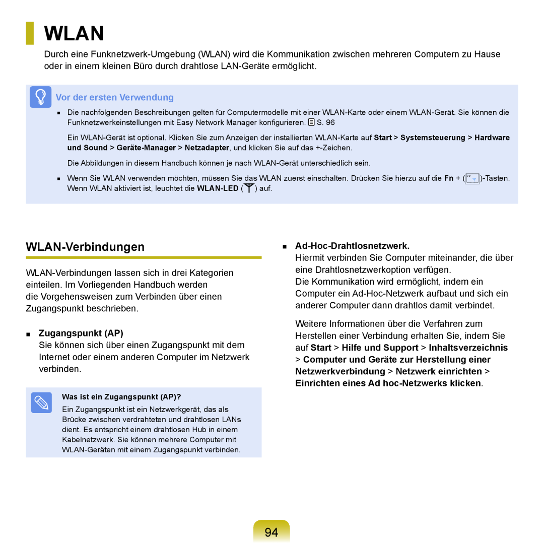 Samsung NP-Q45A005/SEG manual Wlan, WLAN-Verbindungen, Vor der ersten Verwendung, Zugangspunkt AP, Ad-Hoc-Drahtlosnetzwerk 