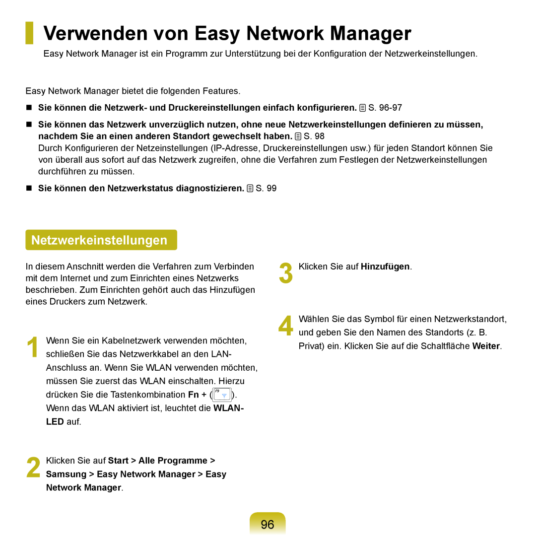 Samsung NP-Q45AV05/SEG, NP-Q45F001/SEG, NP-Q45A008/SEG manual Verwenden von Easy Network Manager, Netzwerkeinstellungen 