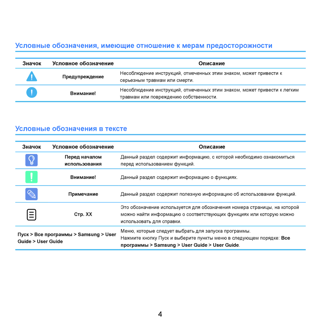 Samsung NP-Q45FY07/SER, NP-Q45FY0A/SER, NP-Q45FY01/SER manual Условные обозначения в тексте, Значок, Описание, Перед началом 