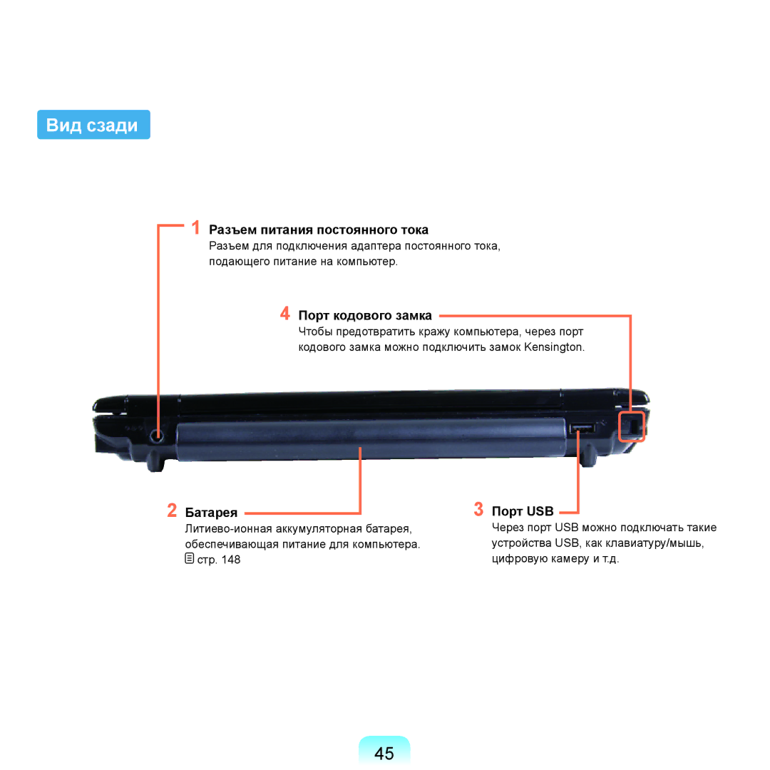 Samsung NP-Q45FY02/SER, NP-Q45FY0A/SER, NP-Q45FY01/SER manual Вид сзади, Разъем питания постоянного тока, Порт кодового замка 