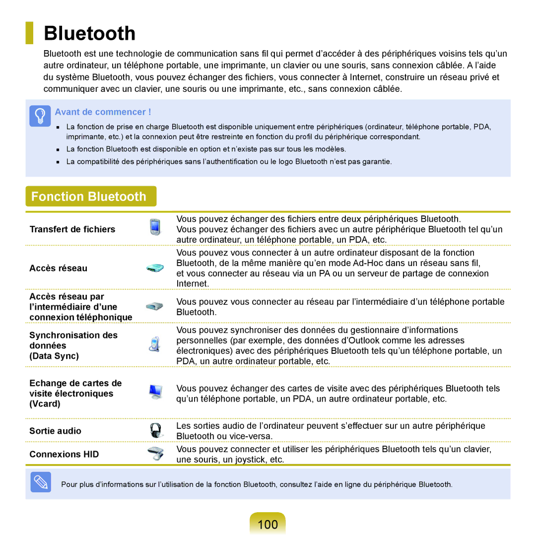 Samsung NP-Q45AV08/SEF, NP-Q45T000/SEF, NP-Q45AV07/SEF, NP-Q45AV06/SEF, NP-Q45A009/SEF manual Fonction Bluetooth, 100 