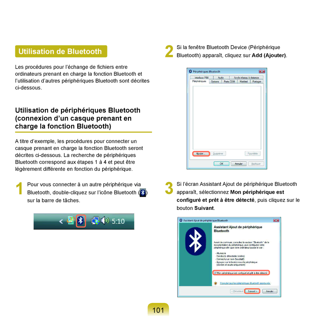 Samsung NP-Q45AV07/SEF, NP-Q45T000/SEF, NP-Q45AV08/SEF, NP-Q45AV06/SEF, NP-Q45A009/SEF manual Utilisation de Bluetooth, 101 