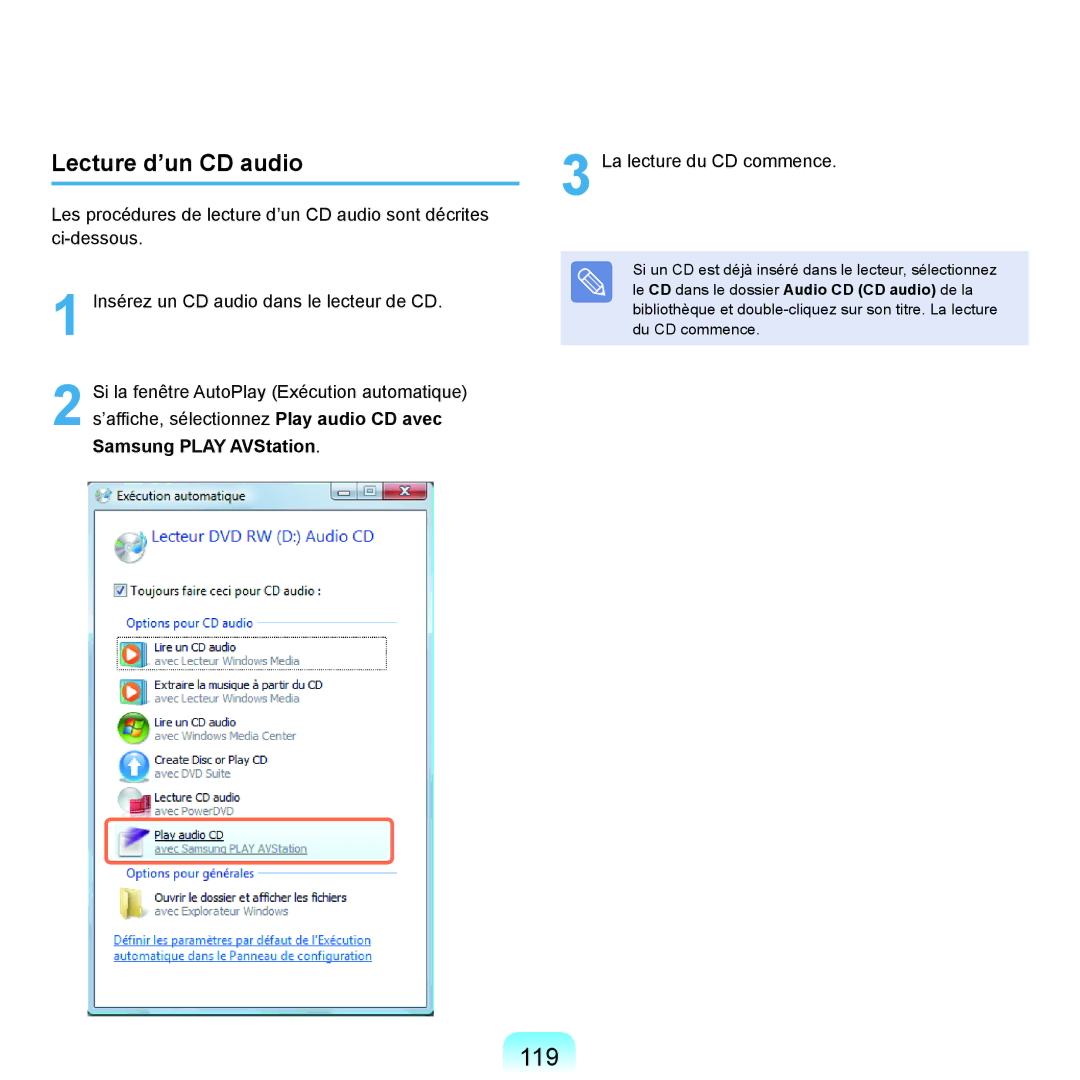 Samsung NP-Q45AV0B/SEF, NP-Q45T000/SEF, NP-Q45AV08/SEF, NP-Q45AV07/SEF, NP-Q45AV06/SEF manual 119, Lecture d’un CD audio 