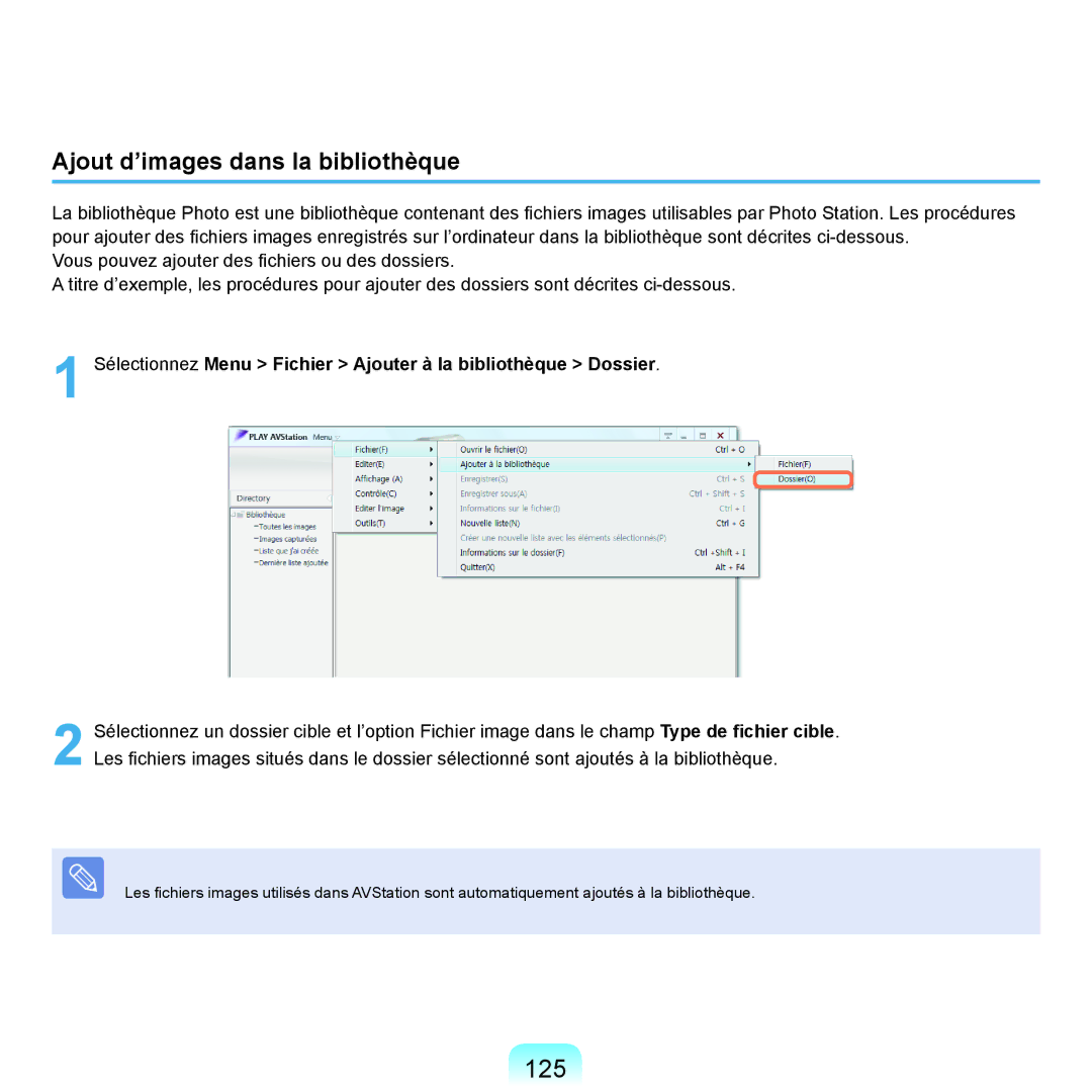 Samsung NP-Q45AV08/SEF, NP-Q45T000/SEF, NP-Q45AV07/SEF, NP-Q45AV06/SEF manual 125, Ajout d’images dans la bibliothèque 