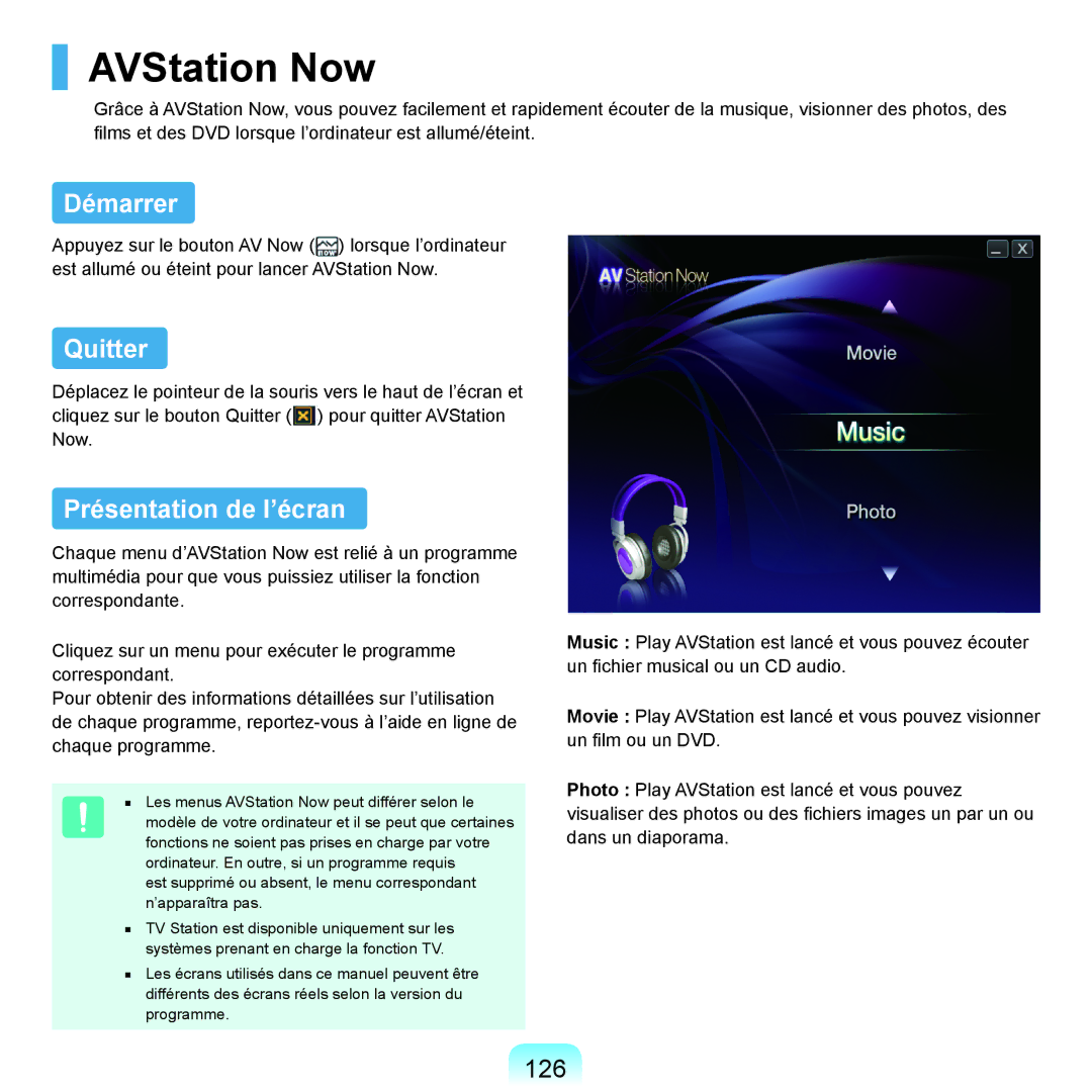 Samsung NP-Q45AV07/SEF, NP-Q45T000/SEF, NP-Q45AV08/SEF manual AVStation Now, Démarrer, Quitter, Présentation de l’écran, 126 