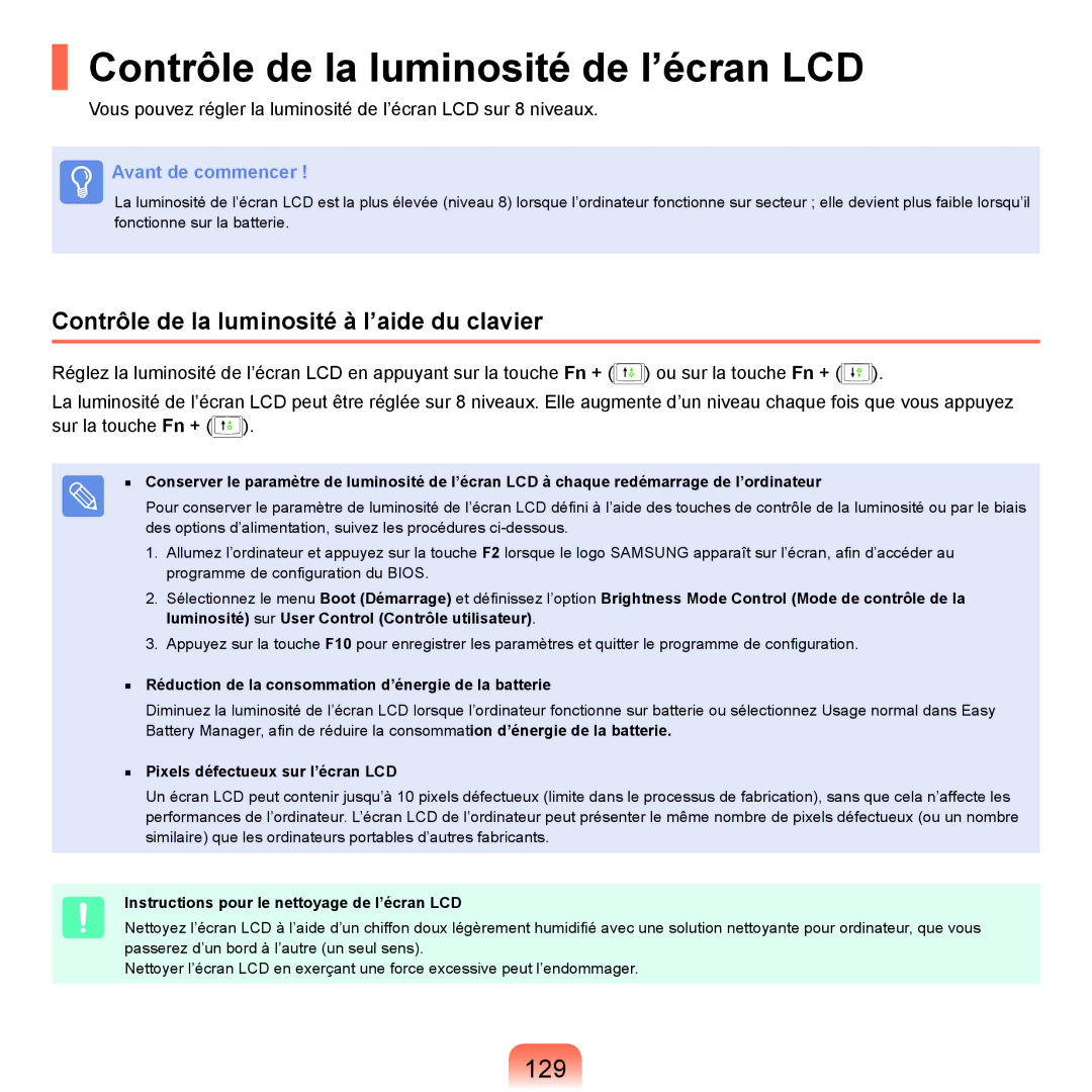 Samsung NP-Q45A007/SEF manual Contrôle de la luminosité de l’écran LCD, 129, Contrôle de la luminosité à l’aide du clavier 