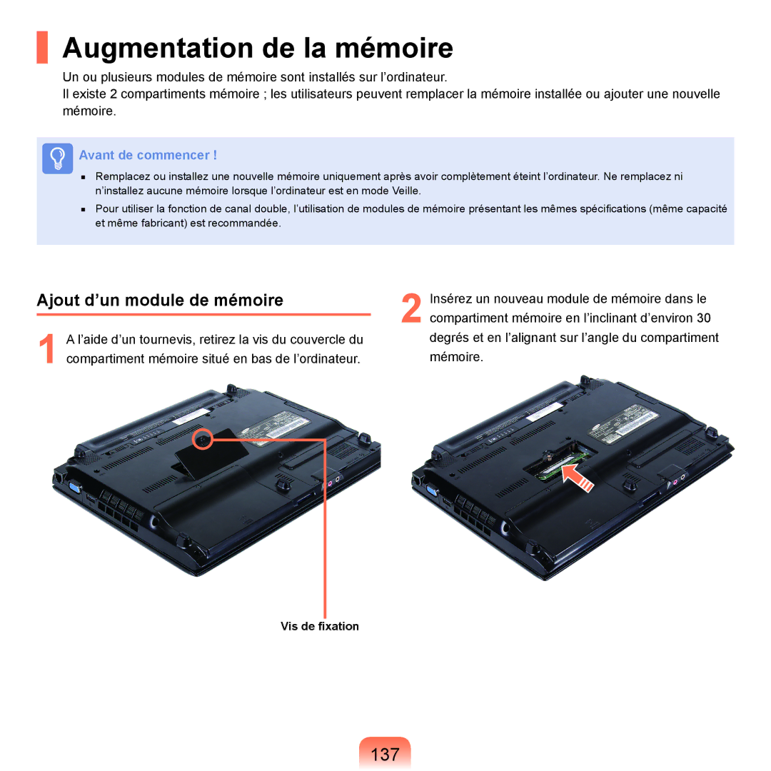 Samsung NP-Q45A006/SEF, NP-Q45T000/SEF, NP-Q45AV08/SEF manual Augmentation de la mémoire, 137, Ajout d’un module de mémoire 