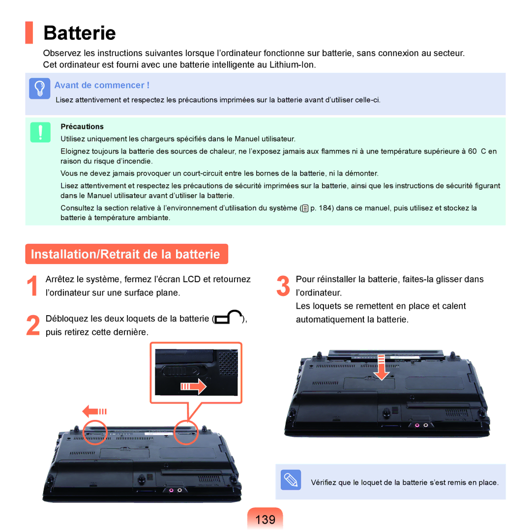 Samsung NP-Q45AV0C/SEF, NP-Q45T000/SEF, NP-Q45AV08/SEF manual Batterie, Installation/Retrait de la batterie, 139, Précautions 