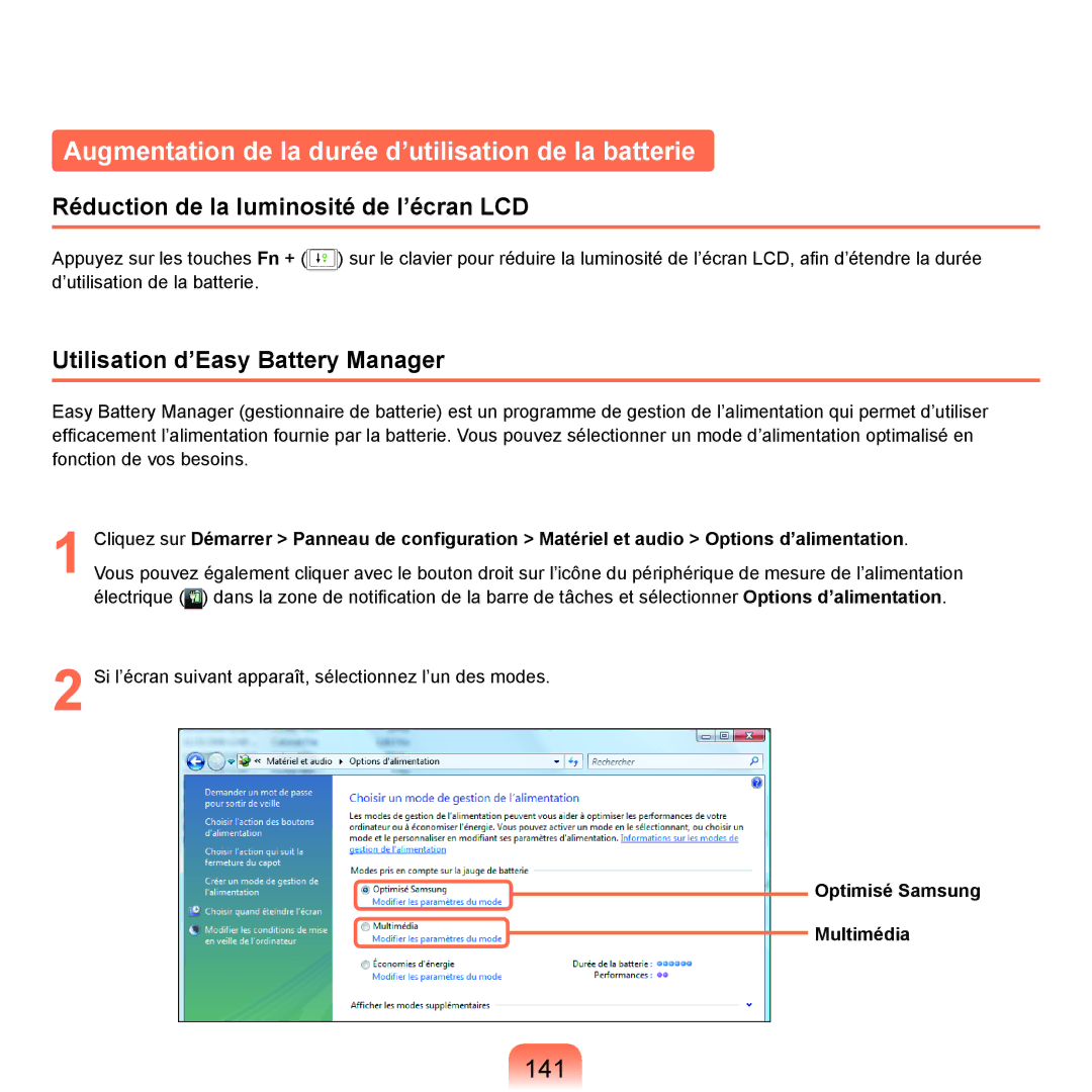 Samsung NP-Q45A003/SEF Augmentation de la durée d’utilisation de la batterie, 141, Utilisation d’Easy Battery Manager 