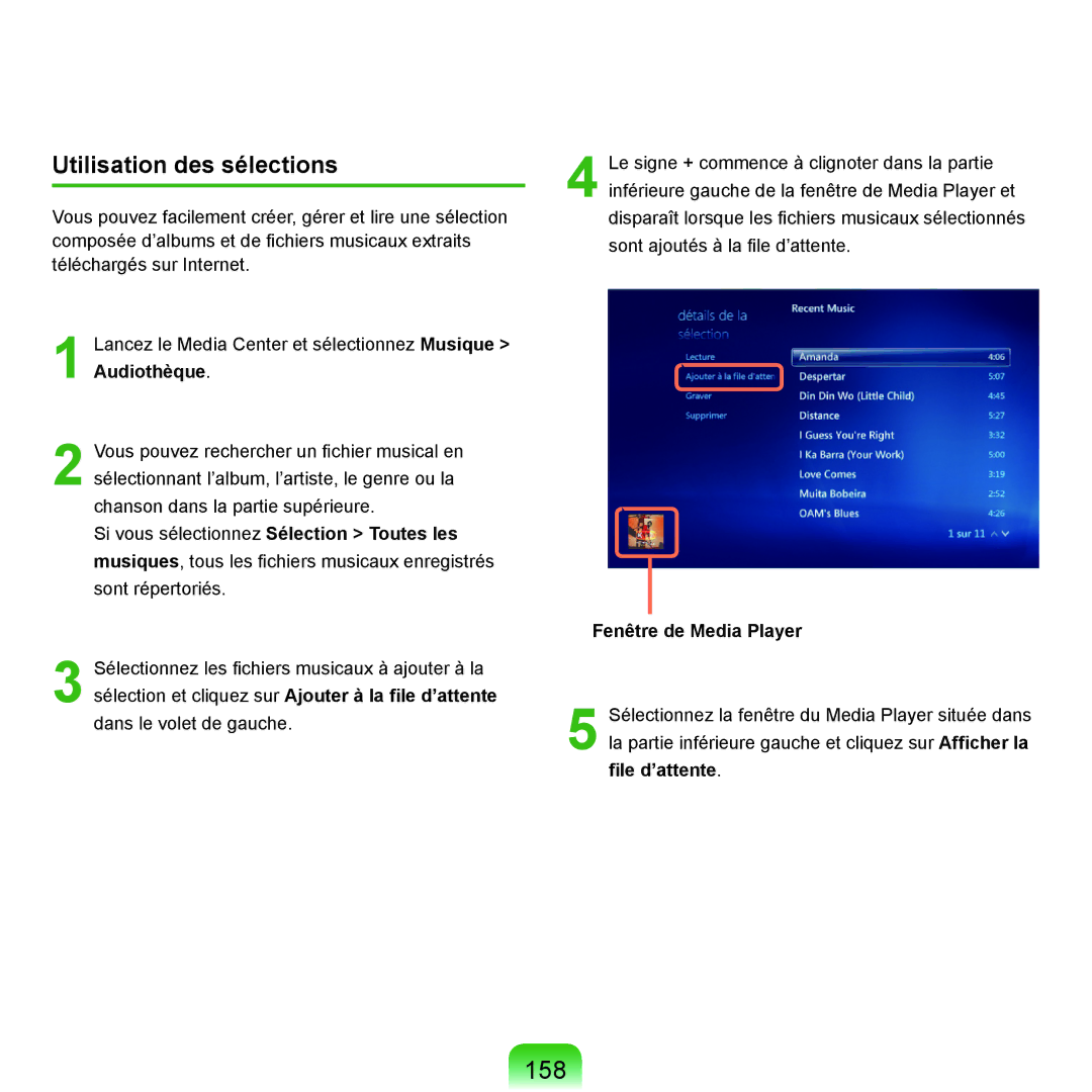 Samsung NP-Q45AV03/SEF 158, Utilisation des sélections, Si vous sélectionnez Sélection Toutes les, Fenêtre de Media Player 