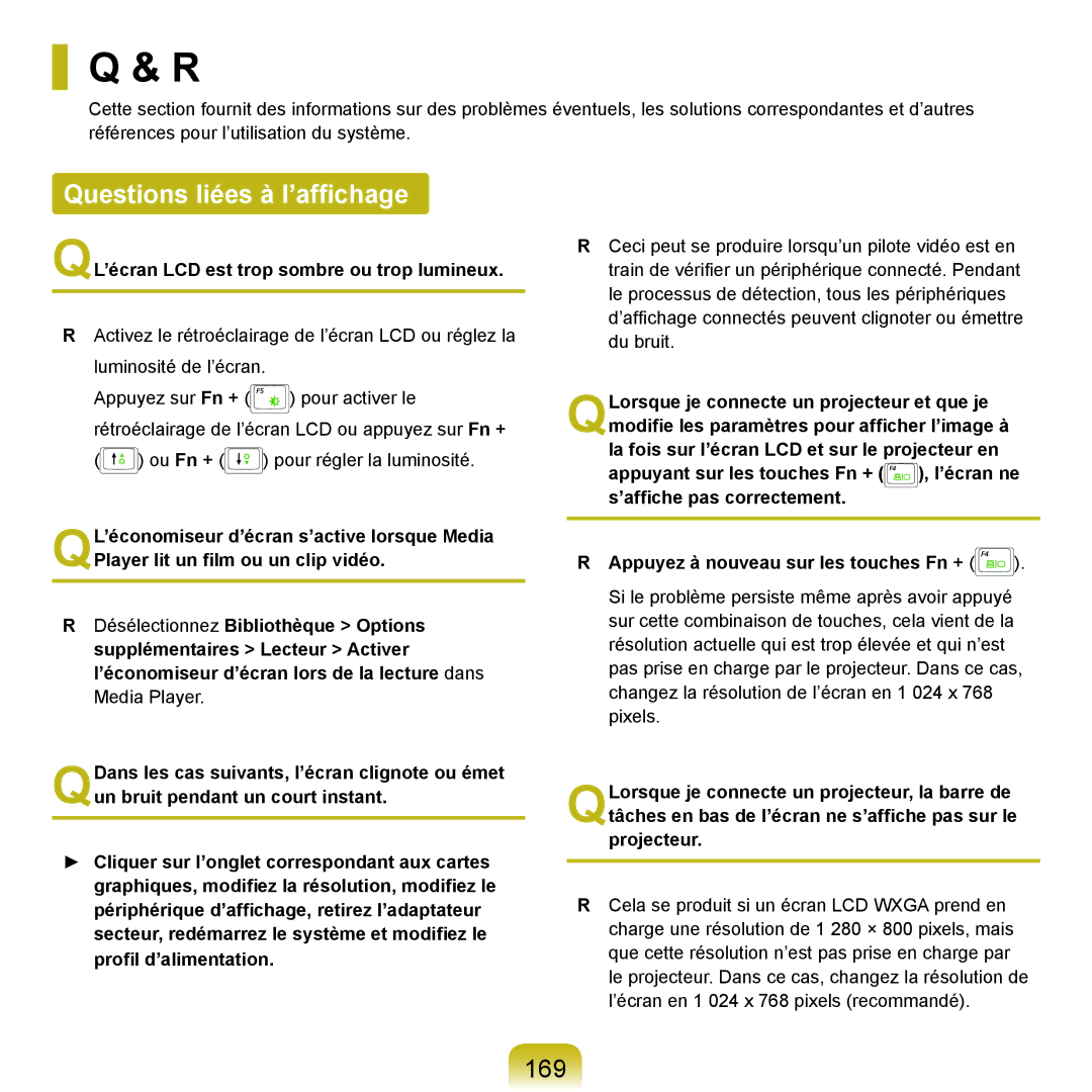 Samsung NP-Q45AV0B/SEF, NP-Q45T000/SEF Questions liées à l’affichage, 169, QL’écran LCD est trop sombre ou trop lumineux 